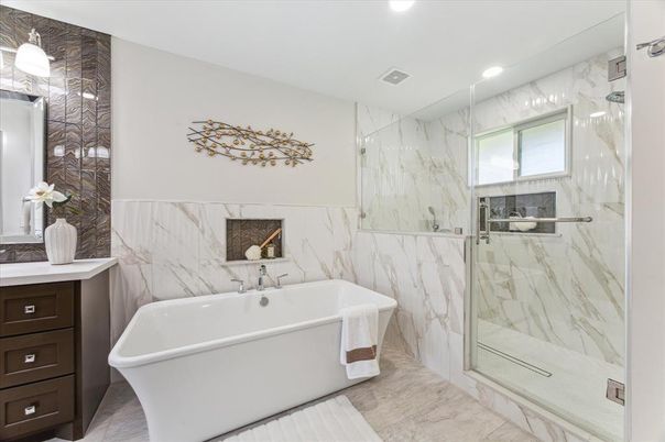 Bathroom, Free Standing Baths, Glass Shower, Interior, Marble, Marble Walls, Recessed Lighting