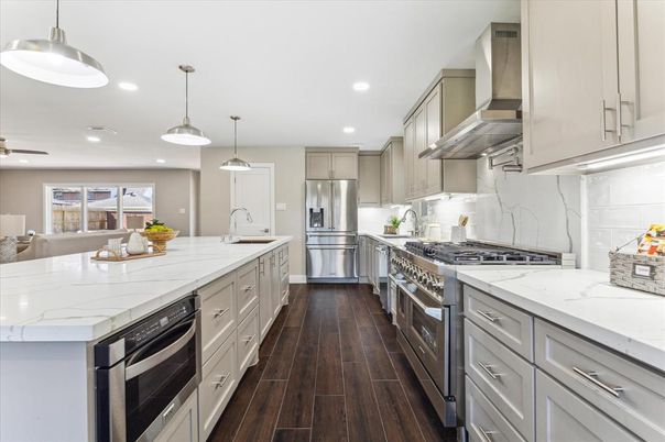 Interior, Kitchen, Pendant Lights, Recessed Lighting, Stainless Steel Appliances, Wood Texture Flooring