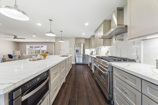 Interior, Kitchen, Pendant Lights, Recessed Lighting, Stainless Steel Appliances, Wood Texture Flooring