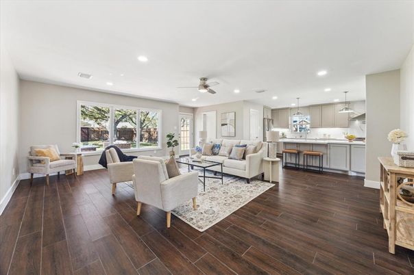 Interior, Kitchen, Living room, Pendant Lights, Recessed Lighting, Wood Texture Flooring