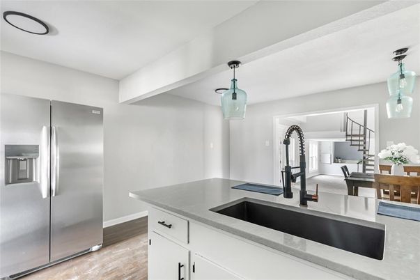 Interior, Kitchen, Pendant Lights, Stainless Steel Appliances, Wood Texture Flooring