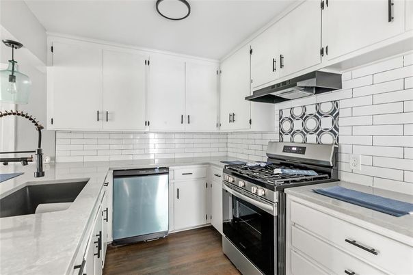 Interior, Kitchen, Pendant Lights, Stainless Steel Appliances, Wood Texture Flooring