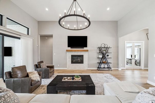 Fireplace, Interior, Living room, Pendant Lights, Recessed Lighting, Wood Texture Flooring