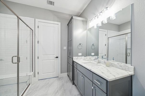 Bathroom, Dual Sink Vanities, Glass Shower, Interior, Marble