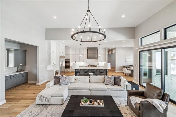 Dining room, Interior, Kitchen, Living room, Pendant Lights, Recessed Lighting, Stainless Steel Appliances, Wood Texture Flooring