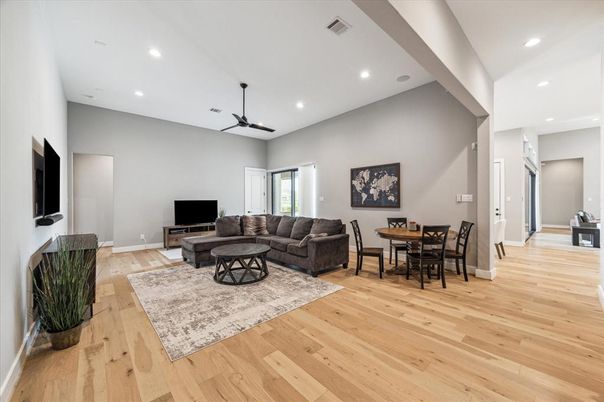 Dining room, Interior, Living room, Recessed Lighting, Wood Texture Flooring