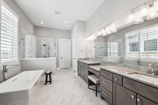 Bathroom, Dual Sink Vanities, Free Standing Baths, Glass Shower, Interior, Marble, Marble Walls, Recessed Lighting