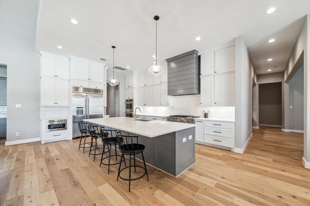 Interior, Kitchen, Pendant Lights, Recessed Lighting, Stainless Steel Appliances, Wood Texture Flooring