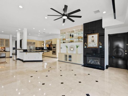 Fireplace, Interior, Kitchen, Recessed Lighting, Stainless Steel Appliances
