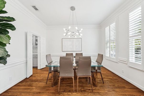 Dining room, Interior, Pendant Lights, Wood Texture Flooring