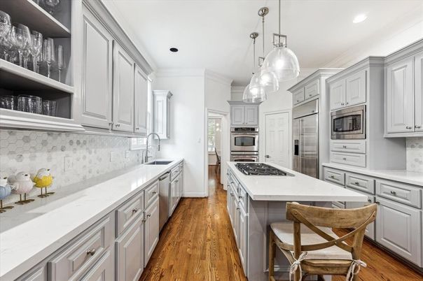 Interior, Kitchen, Pendant Lights, Recessed Lighting, Stainless Steel Appliances, Wood Texture Flooring