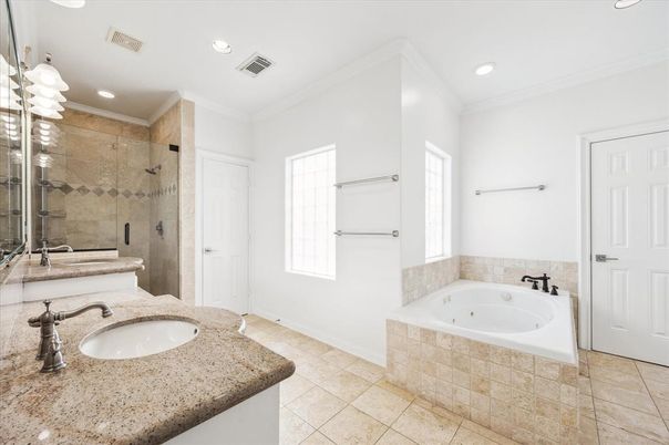 Bathroom, Dual Sink Vanities, Glass Shower, Interior, Recessed Lighting