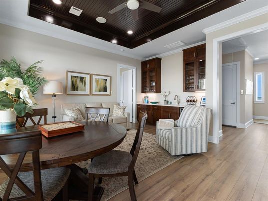 Dining room, Interior, Living room, Recessed Lighting, Wood Texture Flooring