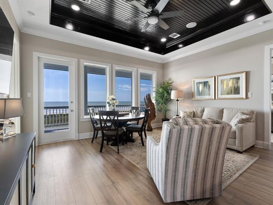Dining room, Interior, Living room, Recessed Lighting, Water, Wood Texture Flooring