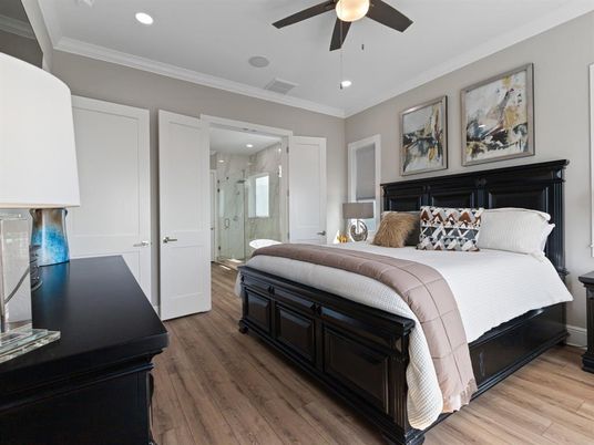 Bathroom, Bedroom, Glass Shower, Interior, Recessed Lighting, Wood Texture Flooring