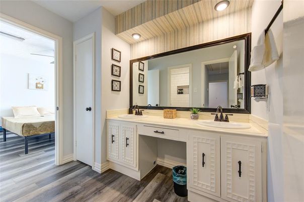 Bathroom, Bedroom, Dual Sink Vanities, Interior, Recessed Lighting, Wooden Ceilings, Wood Texture Flooring