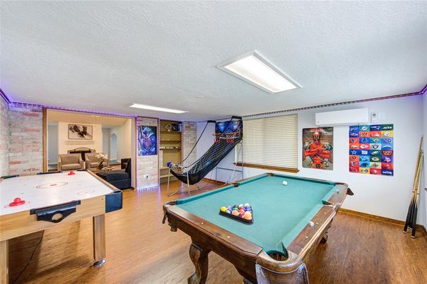 Billiard Table, Game Room, Interior, Stone Walls, Wood Texture Flooring
