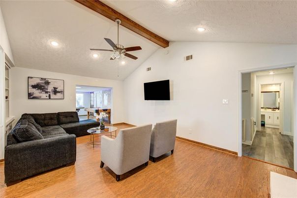 Interior, Living room, Recessed Lighting, Wooden Beams, Wood Texture Flooring