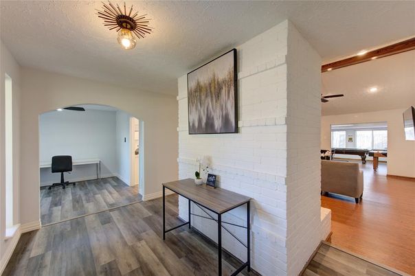 Interior, Recessed Lighting, Stone Walls, Wood Texture Flooring