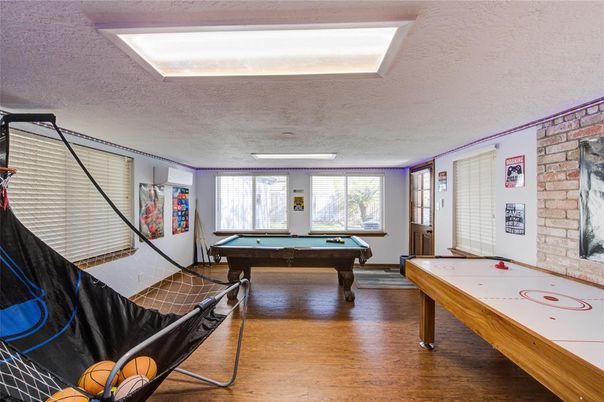 Billiard Table, Game Room, Interior, Stone Walls, Wood Texture Flooring