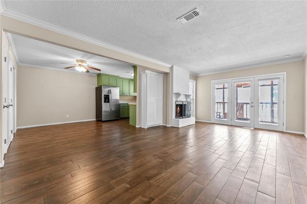 Empty room, Fireplace, Interior, Kitchen, Wood Texture Flooring