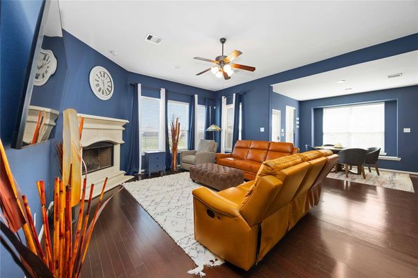 Dining room, Fireplace, Interior, Living room, Wood Texture Flooring