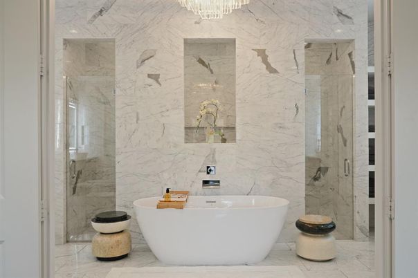 Bathroom, Free Standing Baths, Glass Shower, Interior, Marble, Marble Walls