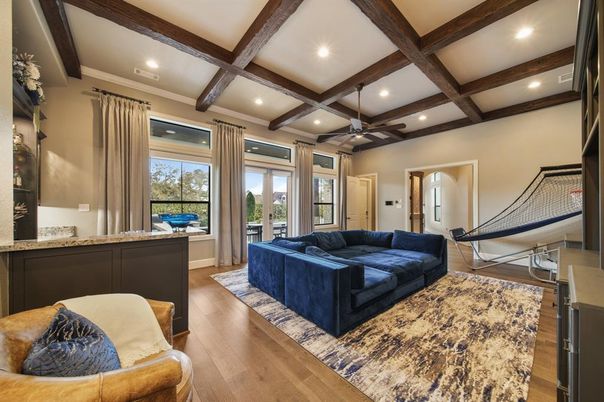 Interior, Living room, Recessed Lighting, Wooden Beams, Wood Texture Flooring