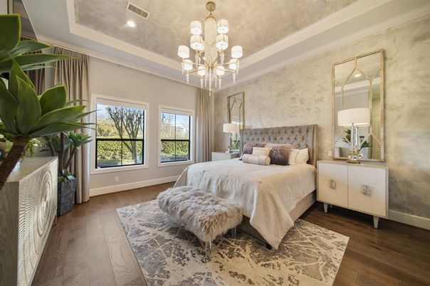 Bedroom, Chandelier, Interior, Pendant Lights, Recessed Lighting, Wood Texture Flooring