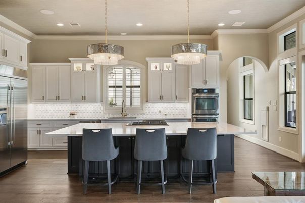 Chandelier, Interior, Kitchen, Pendant Lights, Recessed Lighting, Stainless Steel Appliances, Wood Texture Flooring