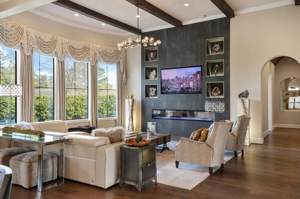 Fireplace, Interior, Living room, Pendant Lights, Recessed Lighting, Wooden Beams, Wood Texture Flooring