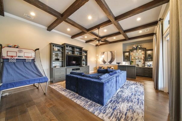 Interior, Living room, Recessed Lighting, Wooden Beams, Wood Texture Flooring