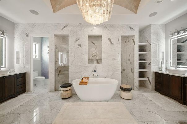 Bathroom, Chandelier, Dual Sink Vanities, Free Standing Baths, Glass Shower, Interior, Marble, Marble Walls