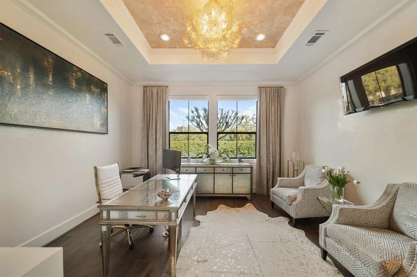Chandelier, Home Office, Interior, Recessed Lighting, Wood Texture Flooring