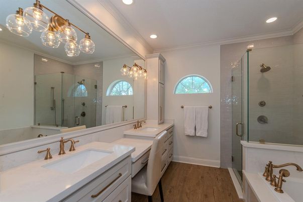 Bathroom, Dual Sink Vanities, Glass Shower, Interior, Recessed Lighting, Wood Texture Flooring