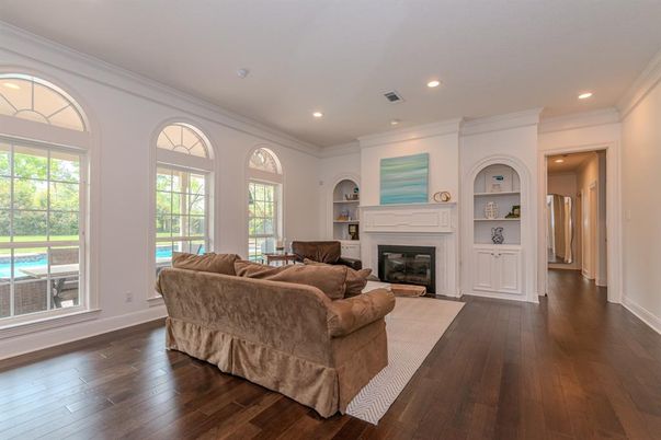 Fireplace, Interior, Living room, Recessed Lighting, Wood Texture Flooring