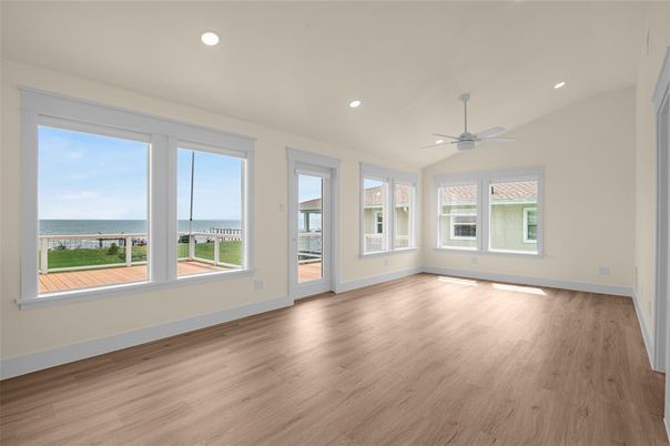 Empty room, Interior, Recessed Lighting, Water, Wood Texture Flooring