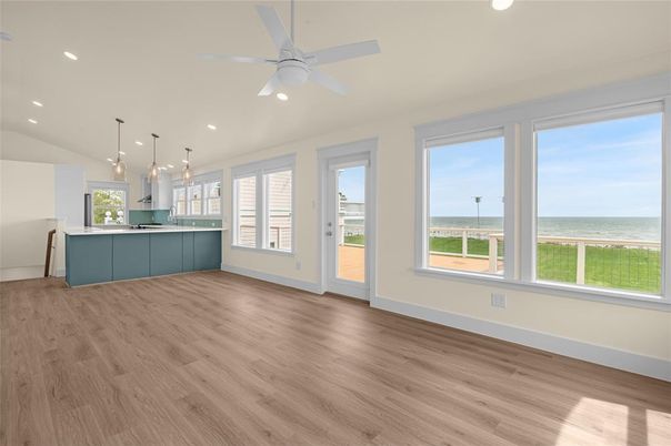 Empty room, Interior, Kitchen, Pendant Lights, Recessed Lighting, Water, Wood Texture Flooring