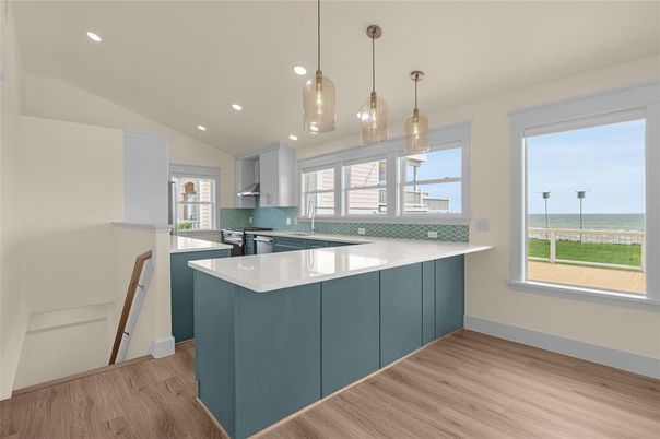 Interior, Kitchen, Pendant Lights, Recessed Lighting, Wood Texture Flooring