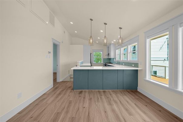 Interior, Kitchen, Pendant Lights, Recessed Lighting, Wood Texture Flooring