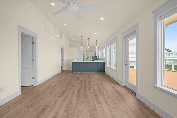 Interior, Kitchen, Pendant Lights, Recessed Lighting, Wood Texture Flooring