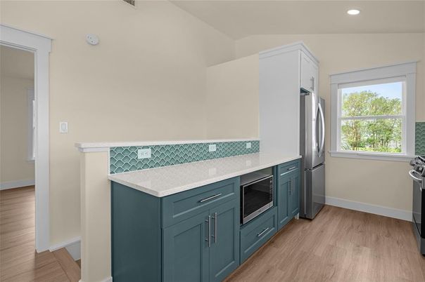 Interior, Kitchen, Recessed Lighting, Stainless Steel Appliances, Wood Texture Flooring
