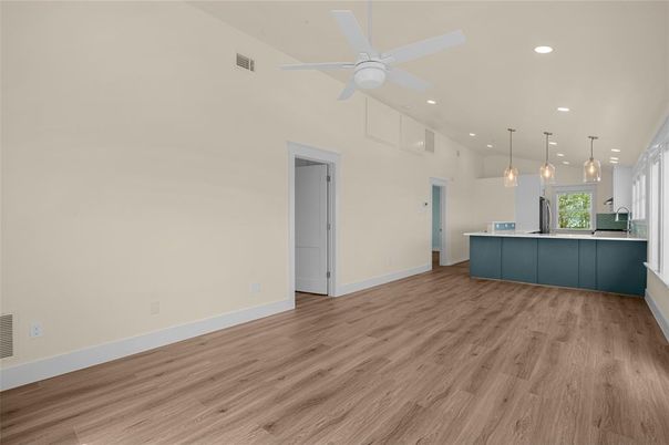 Empty room, Interior, Kitchen, Pendant Lights, Recessed Lighting, Wood Texture Flooring