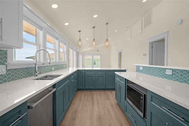 Interior, Kitchen, Pendant Lights, Recessed Lighting, Stainless Steel Appliances, Wood Texture Flooring