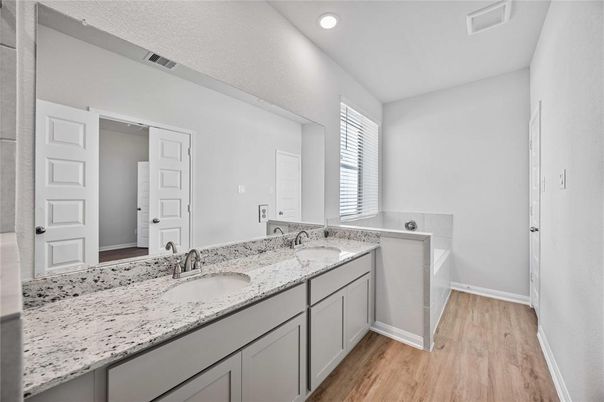Bathroom, Dual Sink Vanities, Interior, Recessed Lighting, Wood Texture Flooring