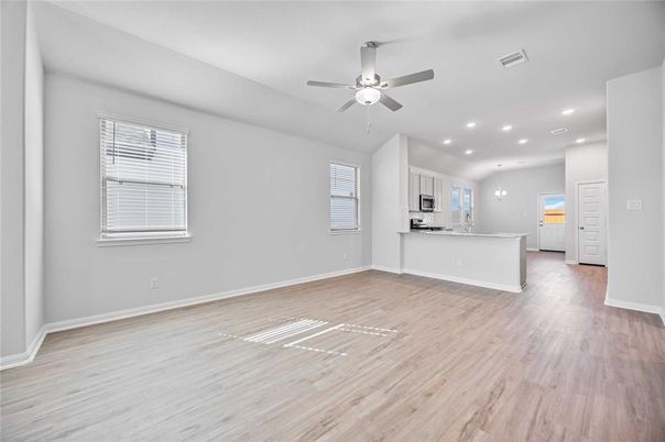 Empty room, Interior, Kitchen, Recessed Lighting, Wood Texture Flooring