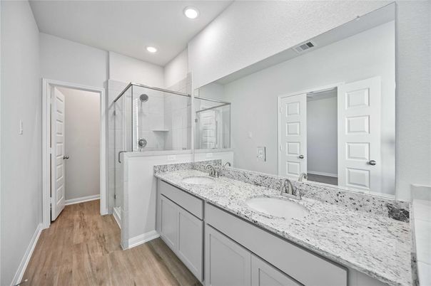 Bathroom, Glass Shower, Interior, Recessed Lighting, Wood Texture Flooring