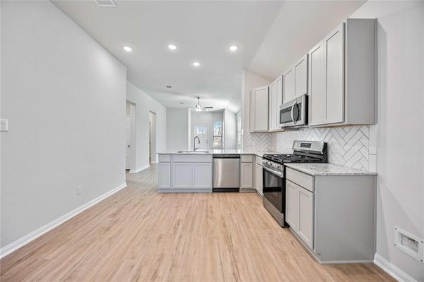 Interior, Kitchen, Recessed Lighting, Stainless Steel Appliances, Wood Texture Flooring
