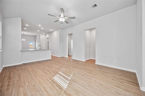 Empty room, Interior, Kitchen, Pendant Lights, Recessed Lighting, Wood Texture Flooring