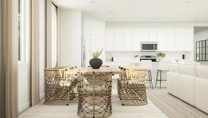 Dining room, Interior, Kitchen, Living room, Recessed Lighting, Stainless Steel Appliances, Wood Texture Flooring